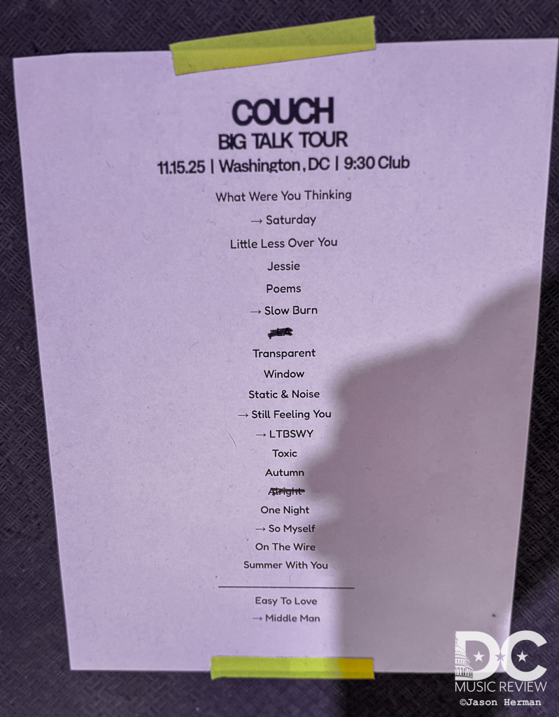 Couch's setlist for their 9:30 Club appearance on November 15, 2025